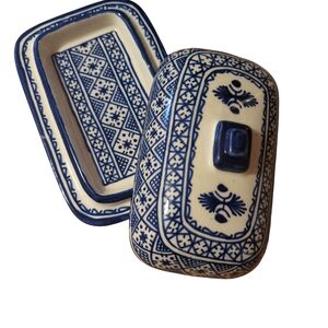Blue and White Ceramic Butter Dish